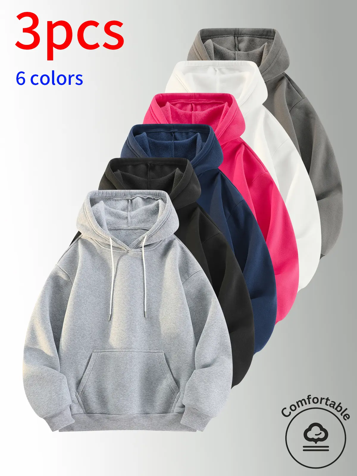 3-Pack Men hoodie, baggy relaxed cut, simple plain style, comfy streetwear polyester clothes, plain loose fit silhouette,  fall new arrival, fit for daily outfits, weekend outing and casual street fashion