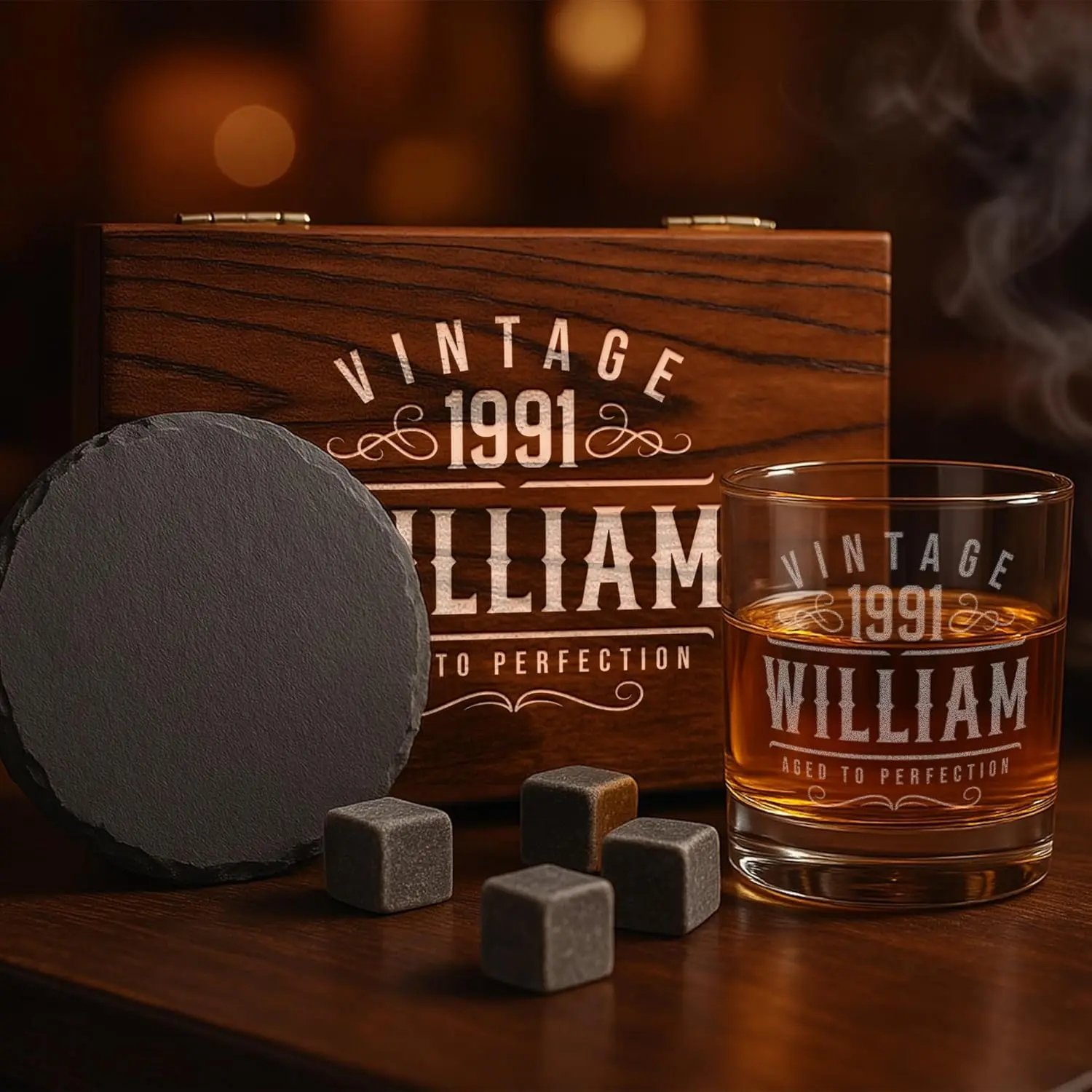 Personalized Whiskey Glass Gift Set – 4 Designs Custom Glass – Engraved 11 oz Scotch Glass with Slate Coaster, Chilling Stones & Wooden Box – Whiskey Gift Set for Men (Vintage Design)