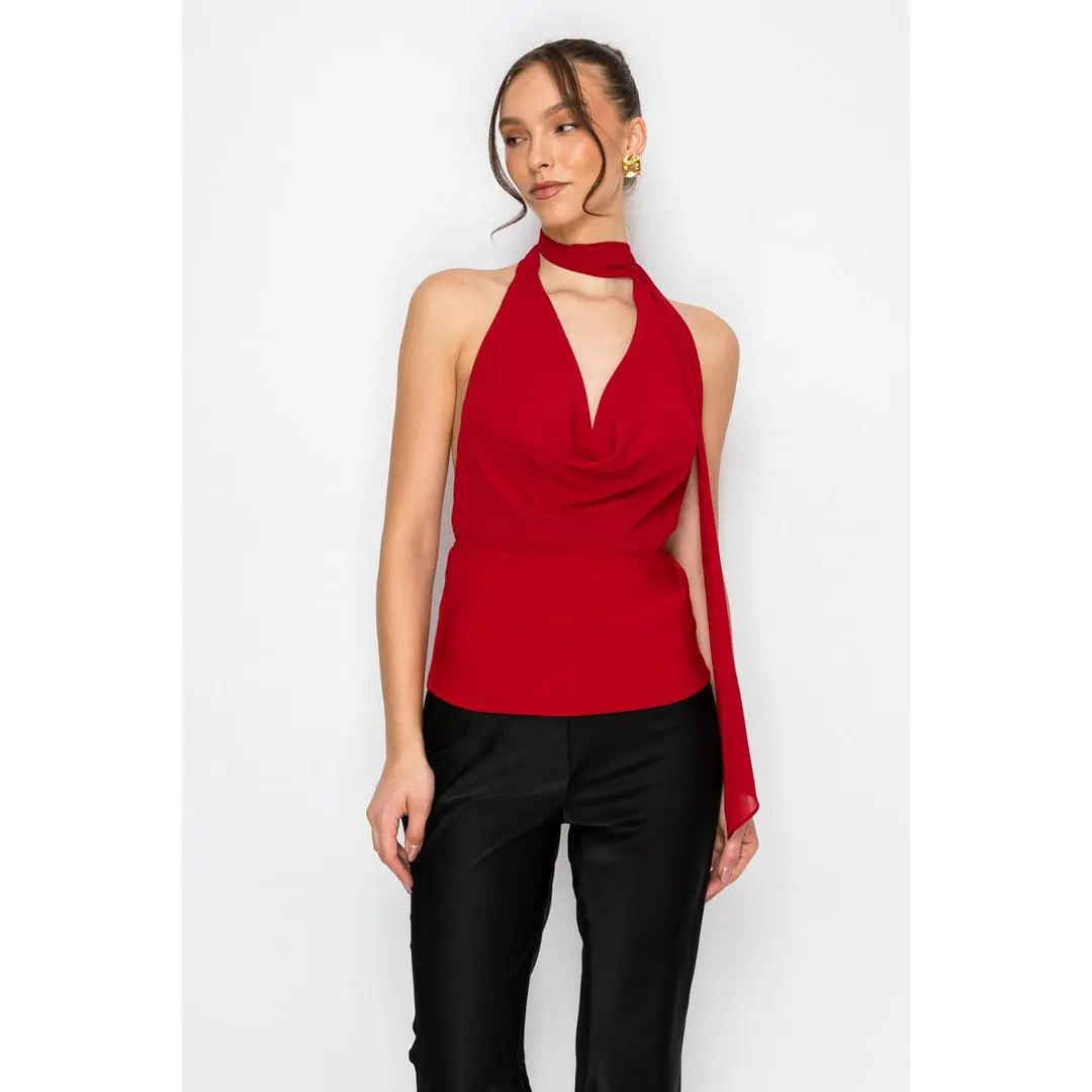 Women's Chic Feminine Sleeveless Fitted Erika Halter Scarf Top, Premium Fabric