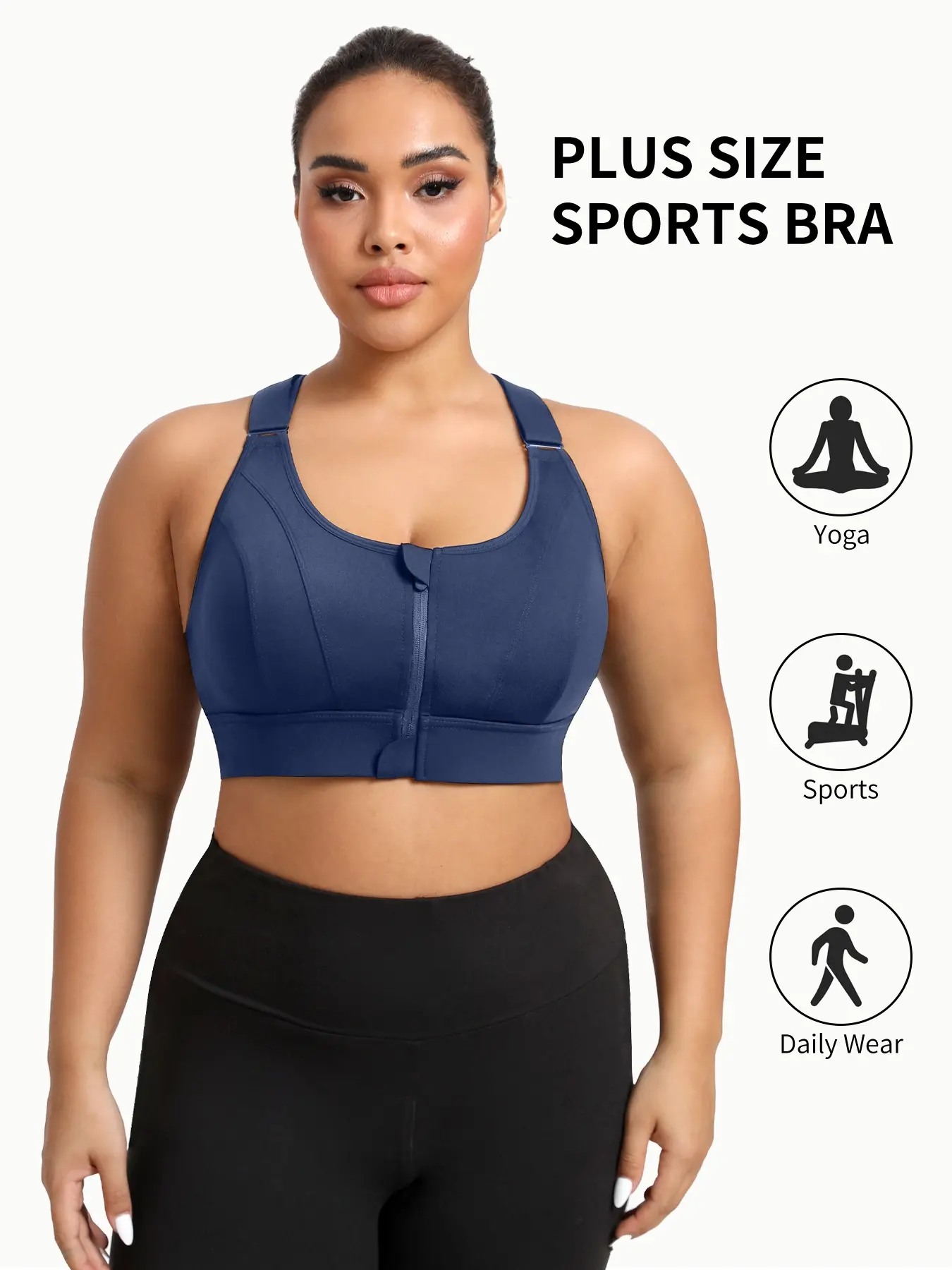 Women's plus-size sports bra, Sporty bra, Workout bras, high-strength support, adjustable shoulder straps, front zipper design, full cup coverage, cross-back design, suitable for all seasons, sports, outdoor fitness, Yoga Bra