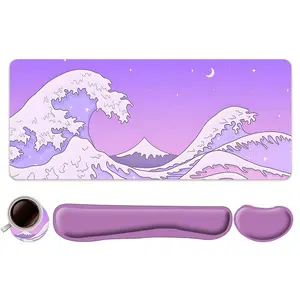 Kawaii Purple Ocean Wave Pattern Mouse Pad & Keyboard Wrist Rest Set, Ergonomic Wrist Support, Computer Mat Mouse Pad Suitable for Home Office Gaming