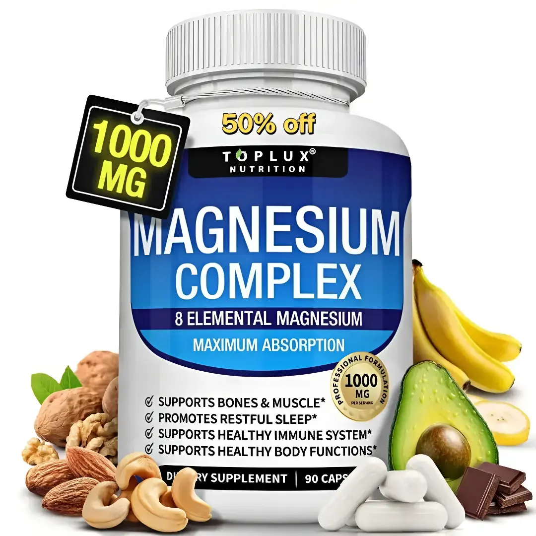 Toplux Nutrition Magnesium Complex 1000mg 90Capsules 7 Elemental Sources for Bone MuscleSleep Immune Support Malate Taurate ChelatedEasy Absorption for Men Women - Mineral,Healthcare