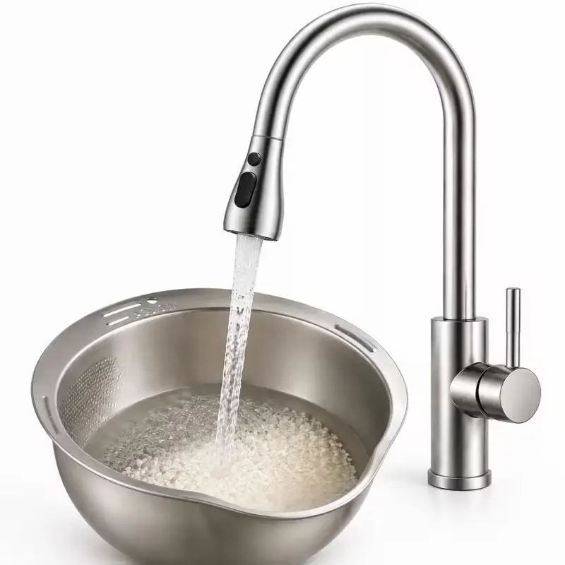 Rice Washing and Draining Bowl - 4-in-1 Quinoa Washing Bowl, Stainless Steel Rinser with Side Drain Holes and Small Slotted Spoon, for Washing Fruits, Vegetables, and Beans - Multi-functional Kitchen Tool, Vegetable Colander, Compact Design