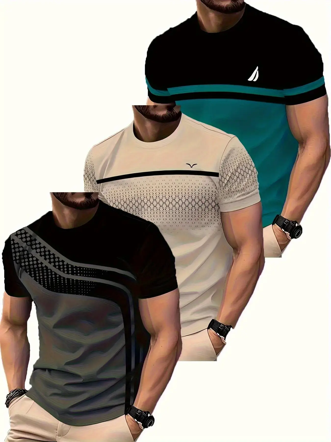 3pcs men's quick-drying breathable round-neck shirts, Gym workout tops, Moisture-wicking sports T-shirts with contrasting color block designs, lightweight gym and beach sportswear, suitable for daily casual wear, Dry Fit Active