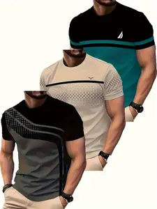 3 pieces of men's quick-drying breathable round-neck shirts, Gym workout tops, Moisture-wicking sports T-shirts with contrasting color block designs, lightweight gym and beach sportswear, suitable for daily casual wear - Athletic Fashion, Dry Fit Tees