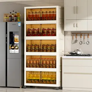 Foldable Transparent Stackable Storage Bin, 3/4/5-Tier Magnetic Door Organizer for Kitchen, Lightweight Big Capacity Storage Box for Rental Apartments