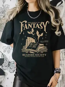 Black Oversized Fantasy Readers Society Graphic T-Shirt - Lady Retro Fantasy Book Lover Casual Tee, Tops, Trending Bookish Streetwear, Soft Comfortable Fabric Perfect for Fantasy Fan Daily Wear, Book Club Gatherings & Leisure Hangouts