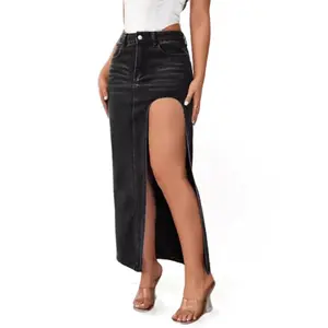 FLOYU Women's Slit Denim Skirt 2024 Summer Washed Solid Color Midi Skirt Cowboy Hippie Bottoms Women's cargo Womenswear Jean