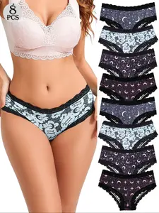 8-Pack Women's Lace Patchwork Underwear Set, Elastic Waistband, Comfortable Fit, Starry Sky Print, Casual All Season Lingerie, Soft Comfy Panties