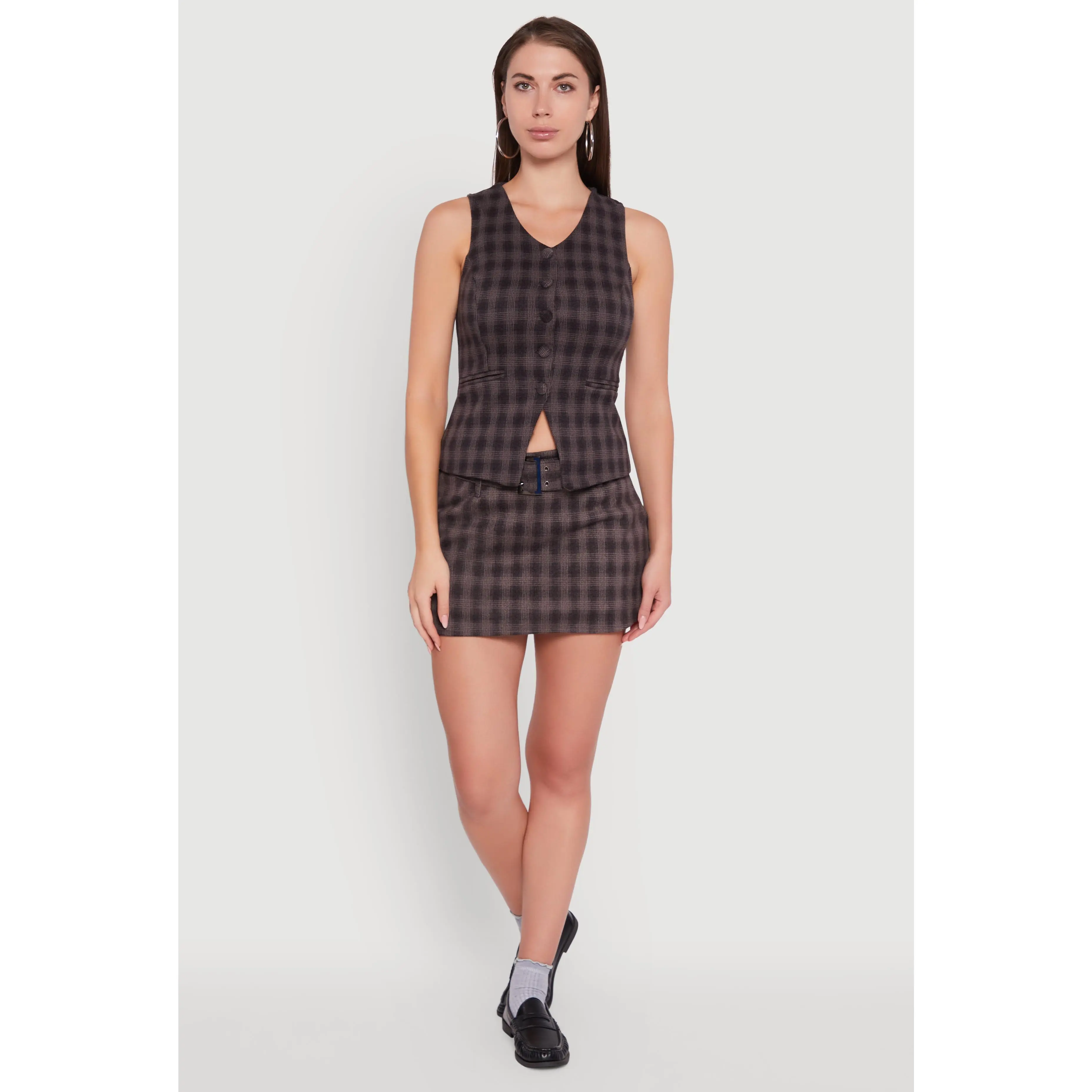 Fleece Lined Plaid Mini Skirt with Belt