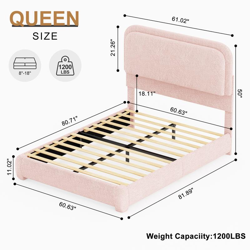 SIBEDS Queen Size Bed Frame with LED Lights, Princess Pink Teddy Fleece Rounded Corner Upholstered Platform Bedframe with Headboard, Modern Style, Soft Rounded Corners, Noise Free, No Box Spring Needed, Easy Assembly