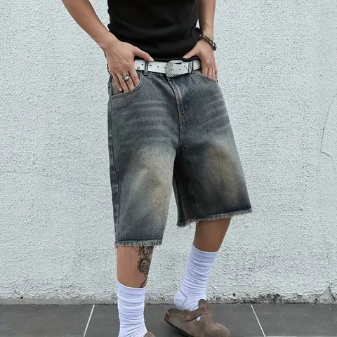 Men's Casual 90% Cotton Denim Blend Shorts - Loose Fit, Knee Length, Straight Leg, Low Rise, Distressed, Raw Hem, Pocket Design, Plain Jeans Style Menswear Bottoms