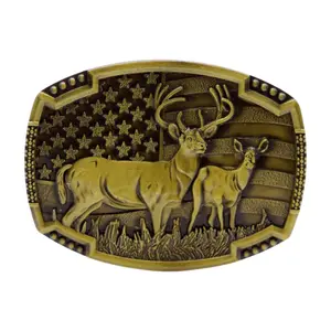New Men Women Antique Gold Metal Belt Buckle Deer Animal Nature Hunter Western Fashion Accessory USA Flag