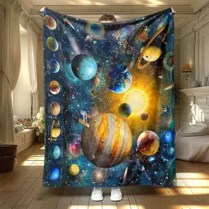 Space Planet Pattern Blanket, 1 Count Soft Comfortable Warm Throw, Cool Bedroom Bedding Blanket for Home & Office & Travel Throw Blankets