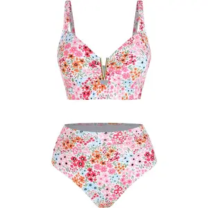 Women's High Waisted Tummy Control Two Piece Bikini Sets Push Up Full Coverage V-Wire Swimsuits 2026