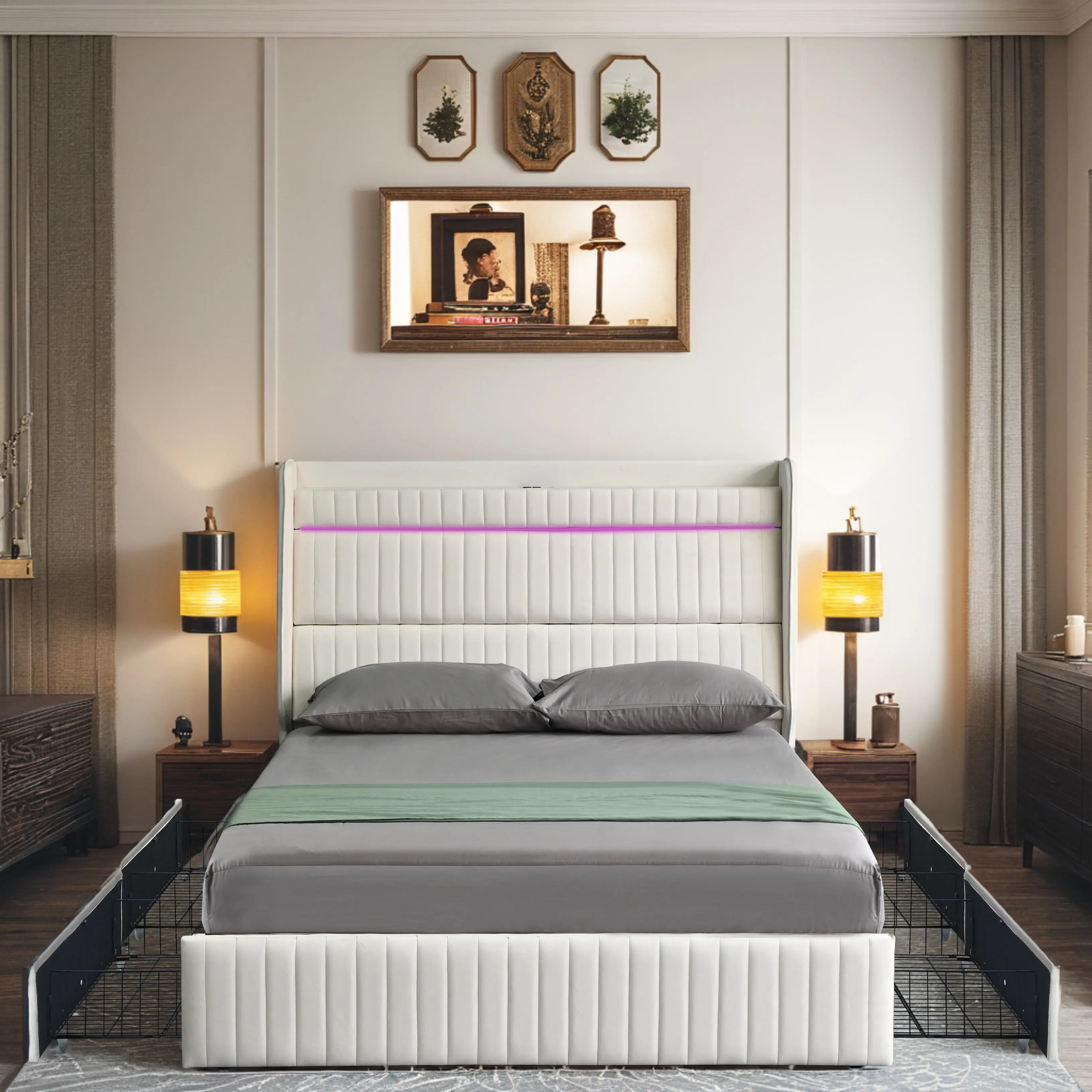 HOLDOLIFE Queen Size Smart Bed Frame with Headboard & 4 Storage Drawers & Charging Station & LED, Noise Free, Easy Assembly, White