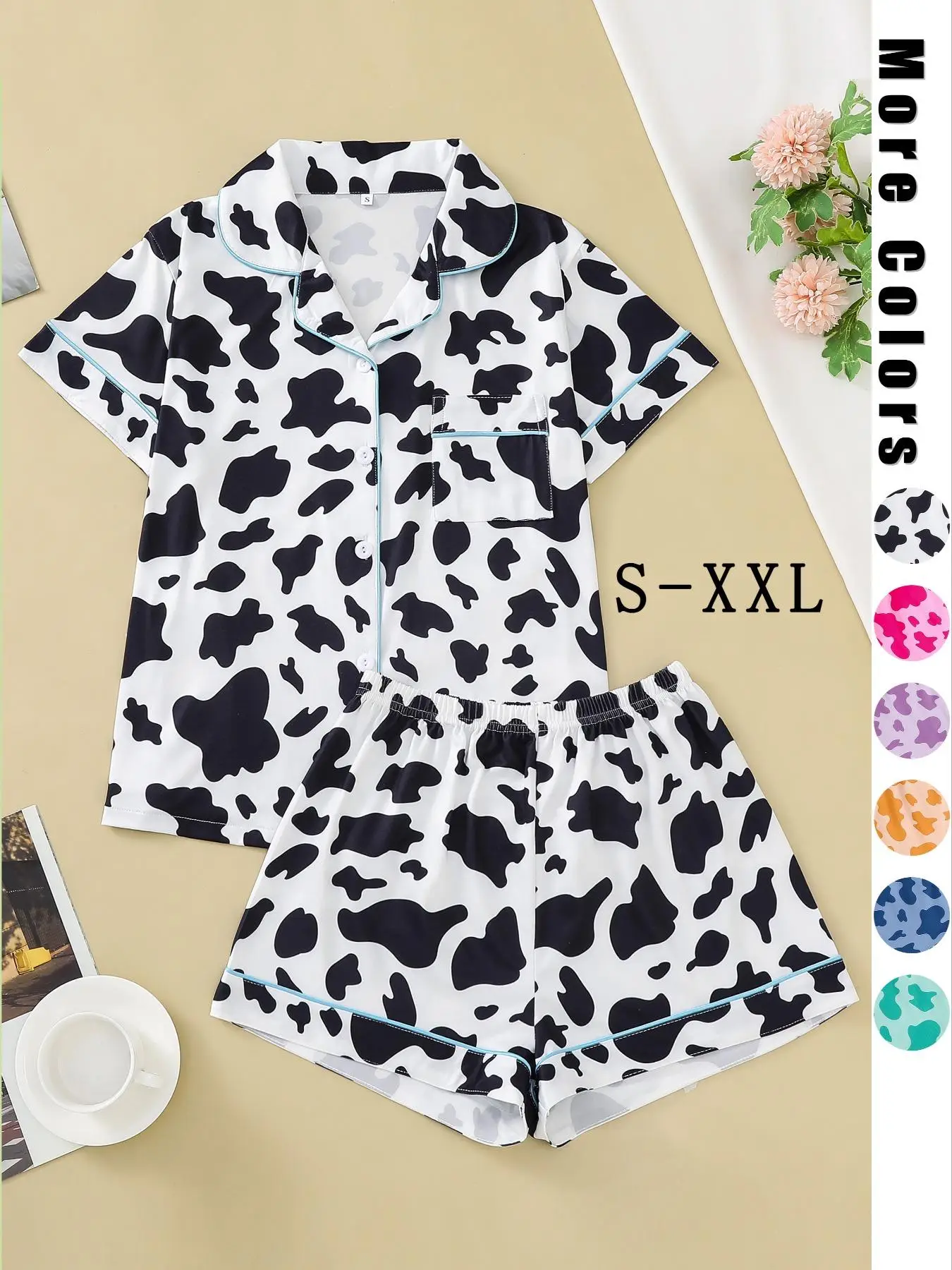 Two-piece Set Women's Women's Cow Print Contrast Binding Pyjama Set, Casual Lapel Button Front Shirt & Elastic Waist Shorts, Summer Loungewear, Ladies