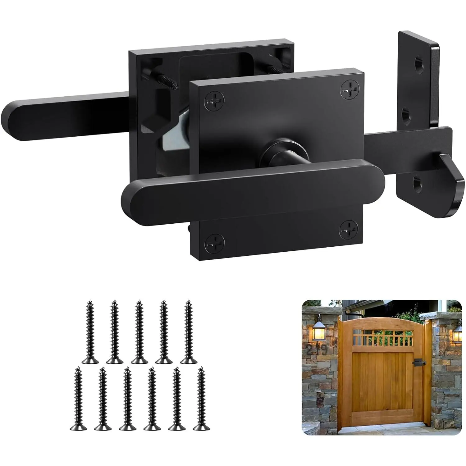 Double Side Gate Latch, Heavy Duty Gate Latch for Wooden Fence, Black Fence Gate Latch with Handles, Left Inswing Gate Latch for Wooden Gates, Vinyl Gate, Backyard, Garden