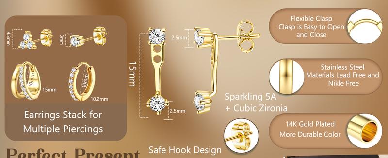 ORAZIO 14K Gold Plated Silver Huggie Hoop Stud Earrings Set for Women Hypoallergenic Cartilage Piercing Jewelry Multiple Piercing Earrings Stack with Chain & CZ Studs ORAZIO 14K Gold Plated Silver Huggie Hoop Stud Earrings Set for Women Hypoallergenic Cartilage Piercing Jewelry Multiple Piercing Earrings Stack with Chain & CZ Studs
