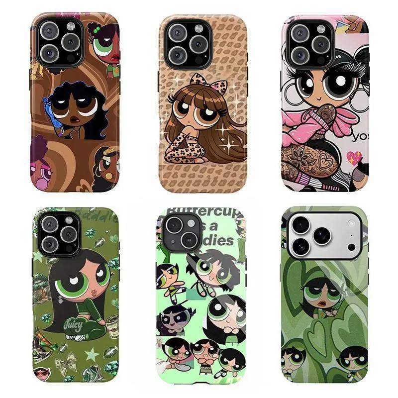 Y2K P0werpuff Girls Phone Case Cute Cartoon Graffiti Style Phone Case  Compatible for iPhone 17 16 15 14 13 12 and for Samsung S23-S25 Perfect Gift For Cute Girl and Boy