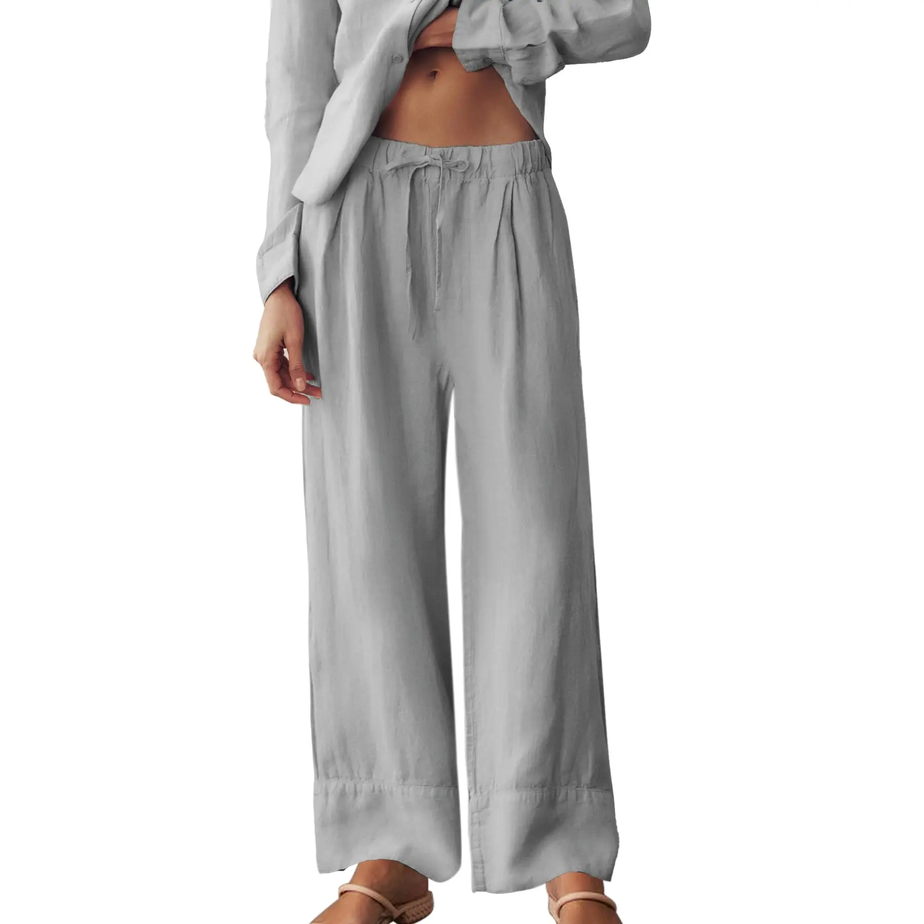 Songling Women's Comfy Linen Palazzo Pants, Elastic Drawstring Waist Wide-Leg Bottoms with Pockets, Summer Beach Travel Outfits (Khaki Basic), Chic Bottom, Casual, Baggy Linen Pants, Lady, Outdoors, Daily, Lightweight Palazzo Pants