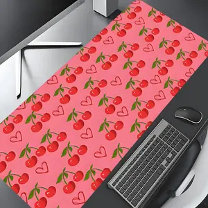 Sweet Cherry Love Heart Design Extra Large Gaming Mouse Pad, Beautiful Desk Decoration and Protective Mat, Rubber Anti-Slip Edging Pad for Laptop and Desktop Gaming, Gaming Desk Accessory