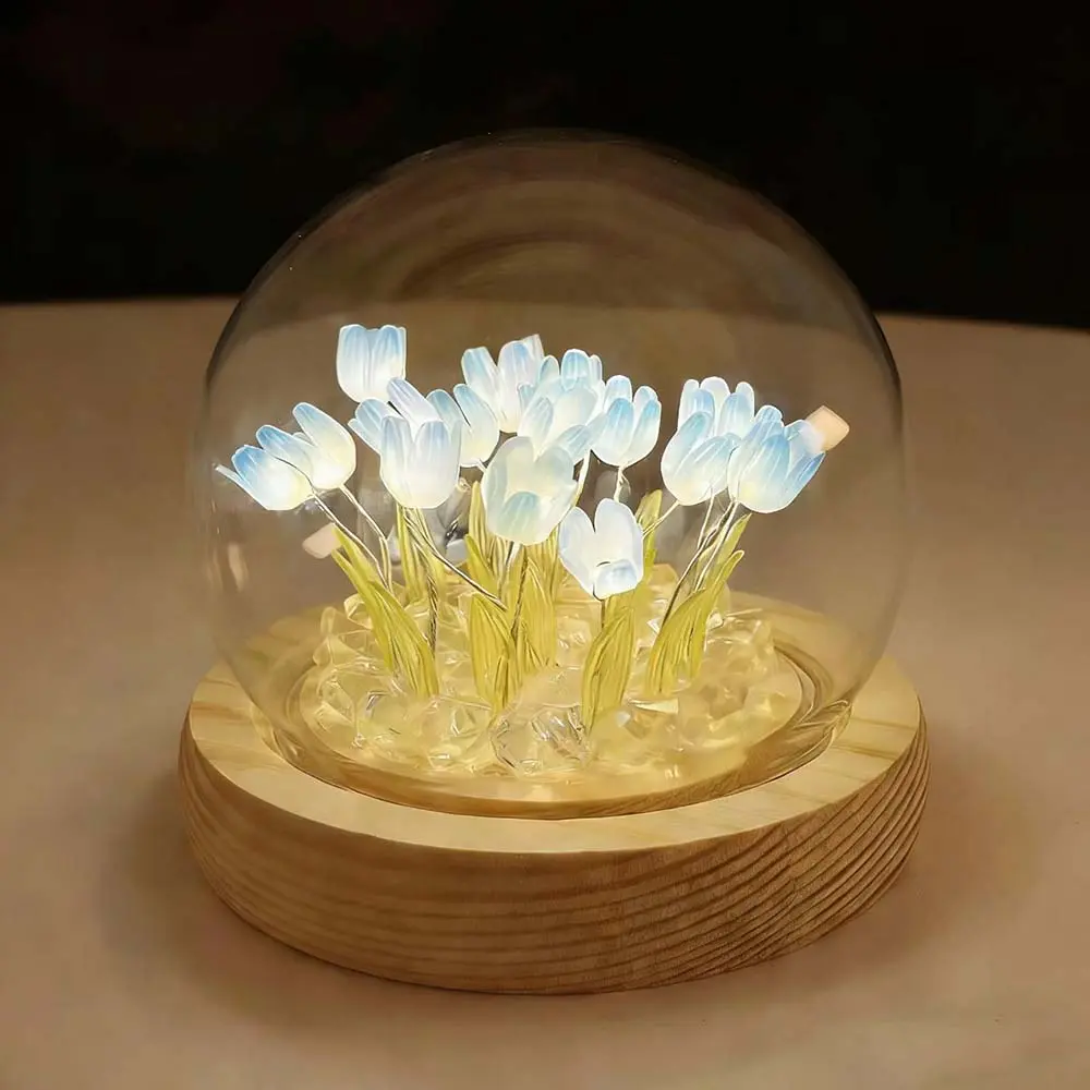 DIY Tulip Table Lamp, Small Glass Tulips Night Light with Wooden Base, 13-Flower Blue Indoor Home Decor, Romantic Birthday Gifts for Mom & Grandma