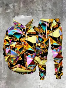 Men's Colorful Diamond 3D Print Hoodie Set, Outfit, Sporty Two-Piece, Casual Streetwear, Fall & Winter Fashion, Fitted Ankle-Length Pants
