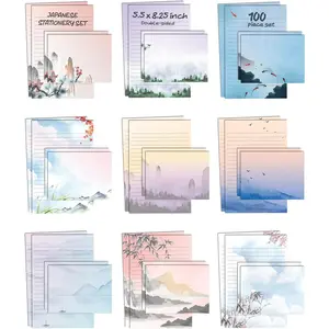 Mini Stationery Set of 100,  Stationery Paper (50 Lined Sheets + 50 Matching Envelopes), 5.5 x 8.25 inch, 9 Designs, Double Sided Printing,  Side Lined Paper,