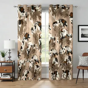 2 panels Cow Print & Horse Hair Blackout Curtains, Neutral Tan Western Farm Animal Pattern Sun Block Window Treatments for Bedroom Balcony, Boho Rustic Room Decor