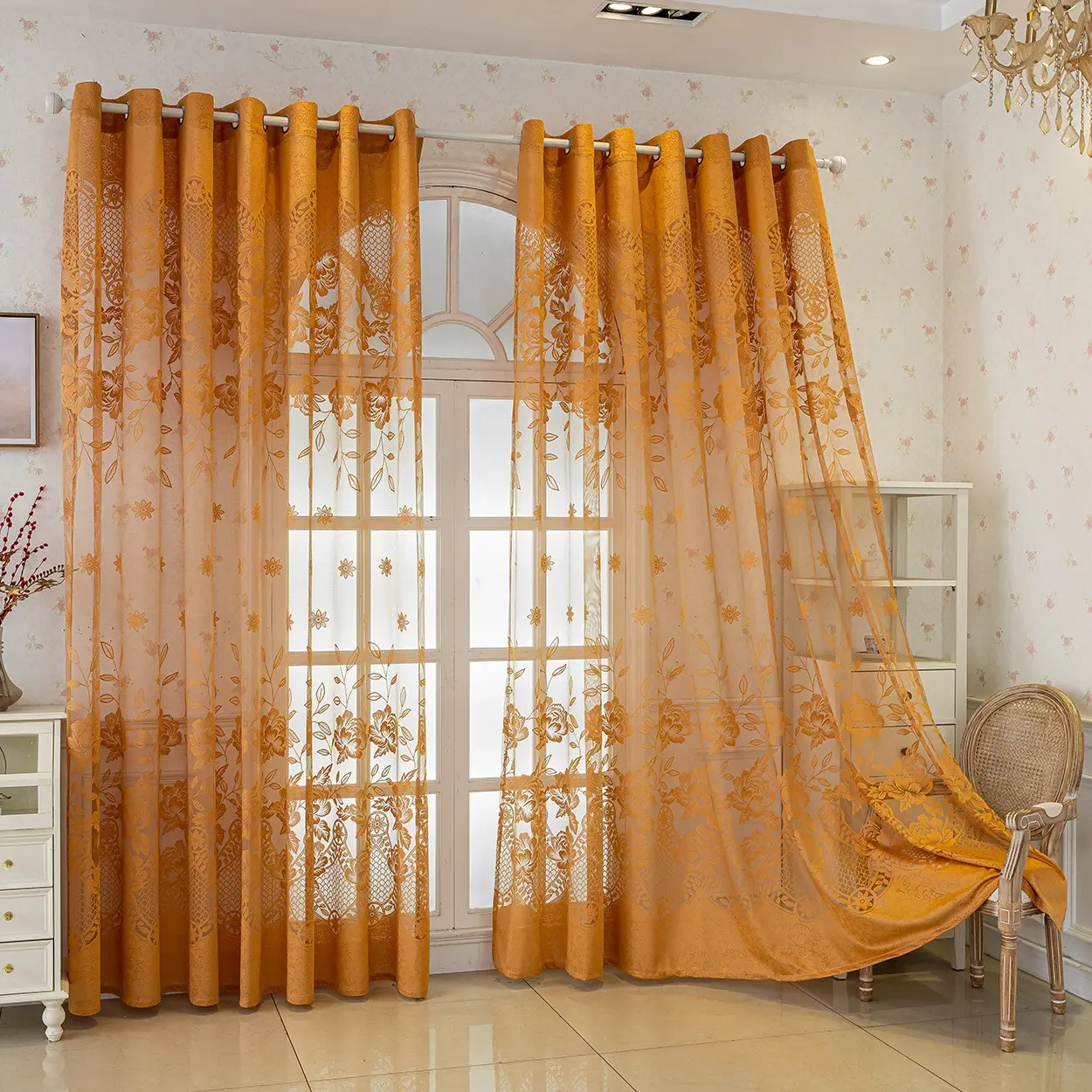 1pc European Style Sheer Curtain, Finished Window Drapes for Living Room and Bedroom, Rustic Lattice Sheer Fabric, Home Decor