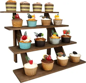 4-Tier Wooden Retail Display Riser Wooden Display Stand Cupcake Stands Tool Free Rustic Risers Table Display Stand for Vendors Home Wedding Party,Brown