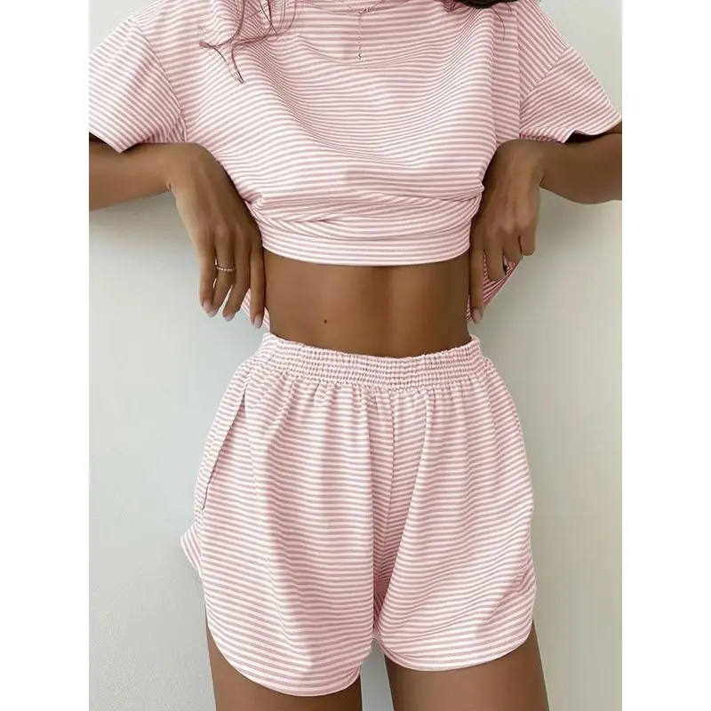 Women's Two-Piece Striped Pajama Set - Drop Shoulder Tee & Wrap Split Shorts Comfy Short Sleeve Loungewear for Home Sleep or Back to School Wear Nightwear Womenswear