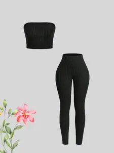 Fashionable Comfortable Casual Commuter Sleeveless Shoulder Cut Out Women's Top with Fitted Pants Set, Plain Style