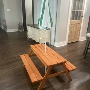 Qaba Kids Picnic Table, Wooden Outdoor Table & Bench Set with Removable Umbrella, Children Sand and Water Activity Table for Patio, Backyard, Gift for Boys Girls, Mixed Color