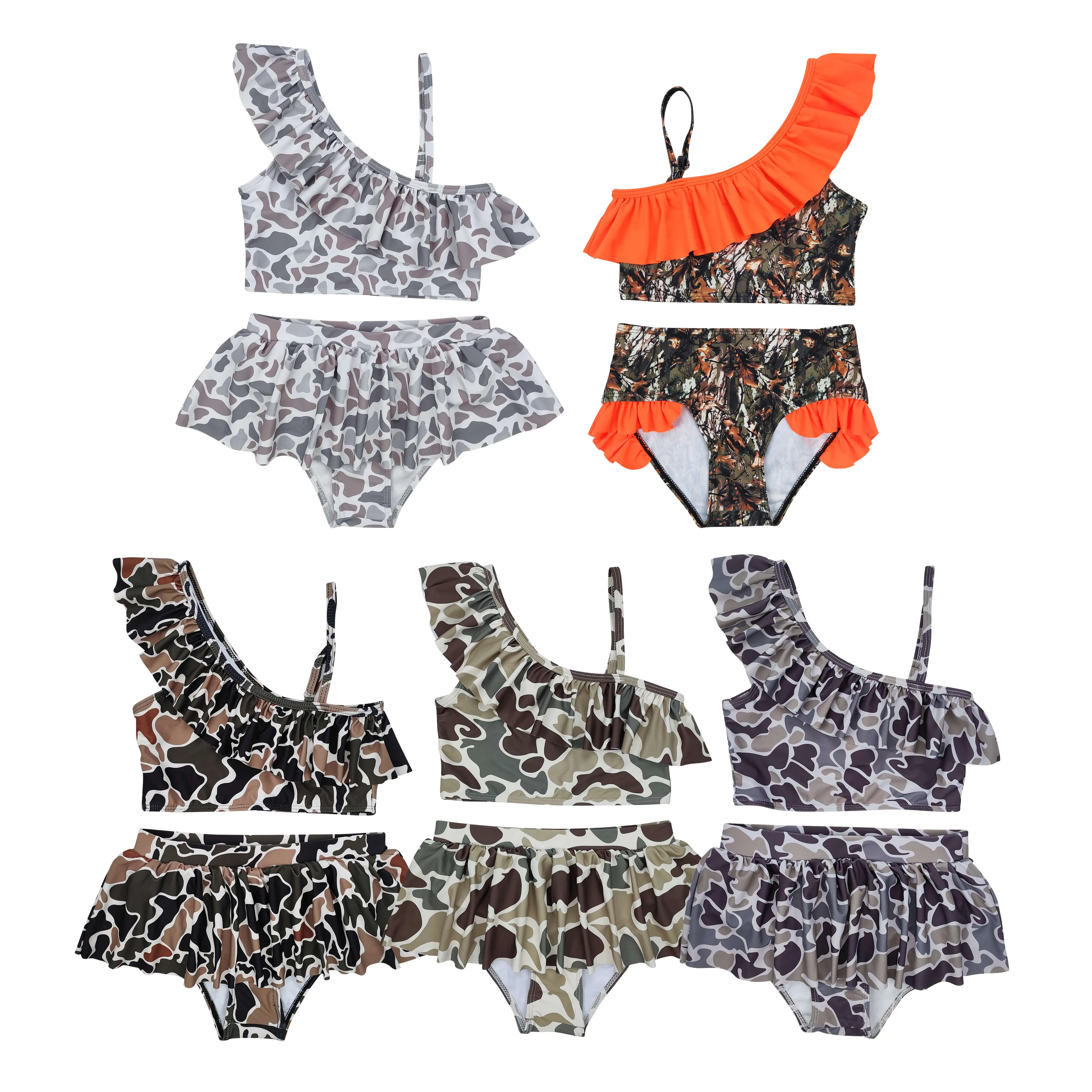 Girls' Sporty 2-Piece Camo Swimwear Set - Breathable Swimsuit Sets with Trendy Design, Shorts for Summer Sports, Outdoor Use, Sporty Kids' Swimwear