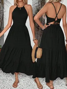 Women's Boho Halter Neck Sleeveless Maxi Dress with Back Strap & Frill Hem Navy Blue Summer Vacation Outfit - Fabric, Casual