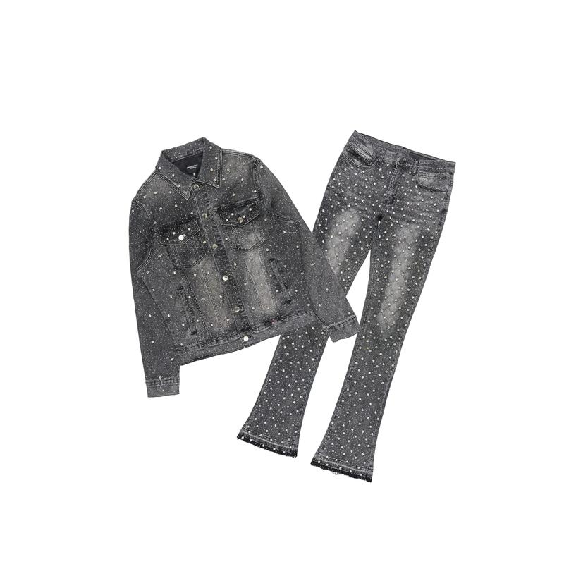 Glit Dark Grey Rhinestone Denim Jacket/Stacked Flare Jean Set