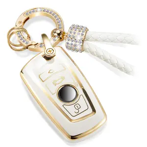 ACEBOY For BMW Key Fob Cover With Luxury Diamond Bling Braided Rope Keychain, Upgraded Soft Key Case For Classic BMW Smart Remote Keyless Key Fob Shell