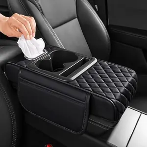5 in 1 Car Center Console Cover, Armrest Pad with 2 Storage Pockets, Cup Holder, Tissue Box Slot, Phone Holder, Universal Car Interior Organizer (Black)