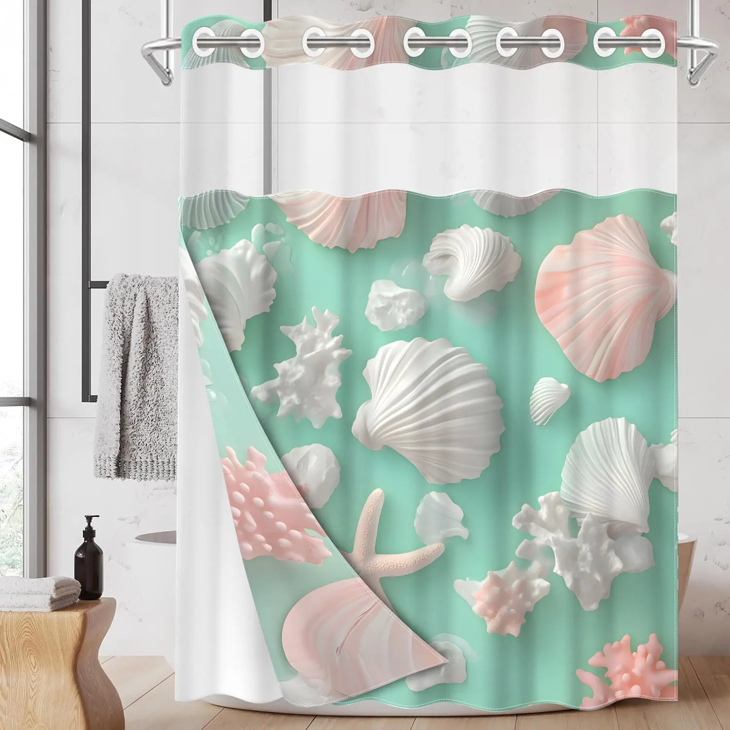1PC 2D Flat Seashell and Starfish Pattern Double-Layer Woven Pretty Shower Curtain (No Hooks), Transparent Top Window, Removable liner with snap-on lining, Modern and Unique Home Bathroom Partition Art Decoration, Bathroom Decor, Holiday Decoration