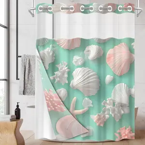 1PC 2D Flat Seashell and Starfish Pattern Double-Layer Woven Shower Curtain (No Hooks), Transparent Top Window, Removable liner with snap-on lining, Modern and Unique Home Bathroom Partition Art Decoration, Bathroom Decor, Holiday Decoration
