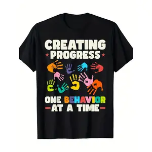 1 Beoral Certified Autism Therapist T-Shirt - 100% Cotton ABA Analyst Shirt with Color-Coded Handprint Puzzle Design & Behavior Phrases, Short Sleeve Round Neck Casual Tee for & (Autism Awareness Apparel) Retro  Crewneck Tshirt