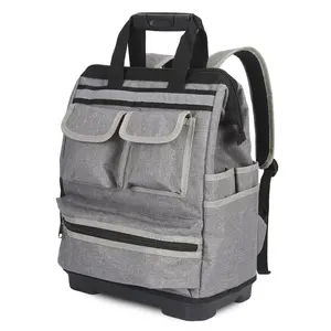 Oxford Tool Backpack – 17-Inch Heavy Duty Tool Bag with Plastic Reinforced Base, Waterproof Contractor Backpack for Electrician Carpenter Handyman, Grey & Black Options