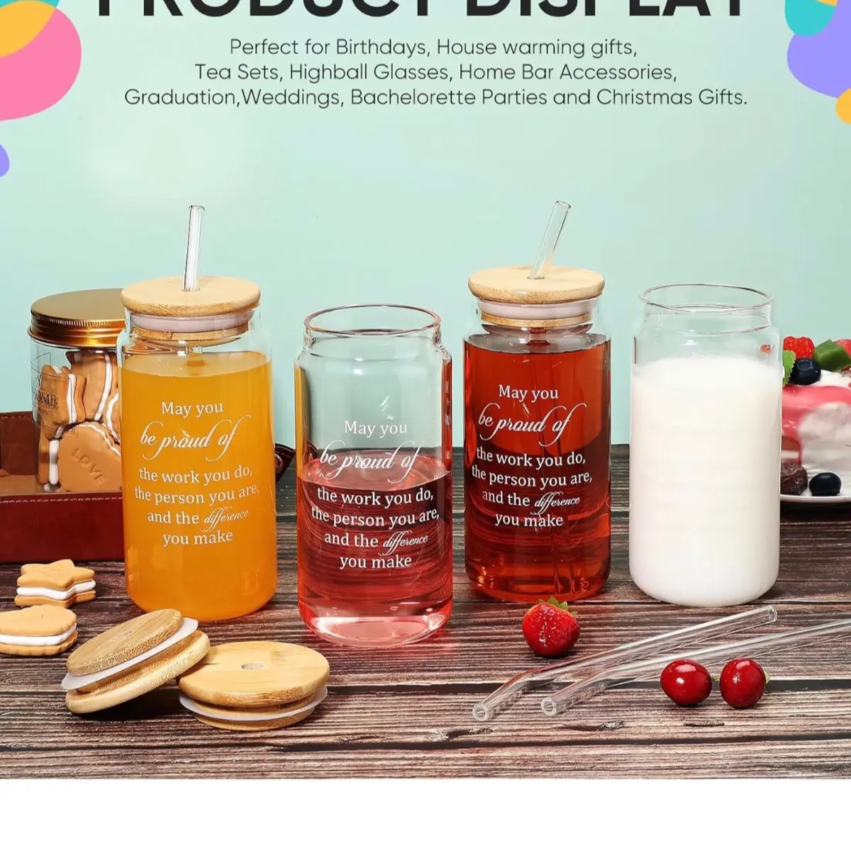 4Pcs 16 oz Iced Coffee Glass Cup with Bamboo Lids and Straw Inspirational Leaving Farewell Gifts, Going Away Gift for Coworkers Thank You Gifts Women See less