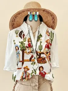 Women’s Vintage Western Cowgirl Print Button Down Shirt, Boho Lace Trim Puff Sleeve Blouse, Rodeo Graphic Cottagecore Top, Country Concert Outfit