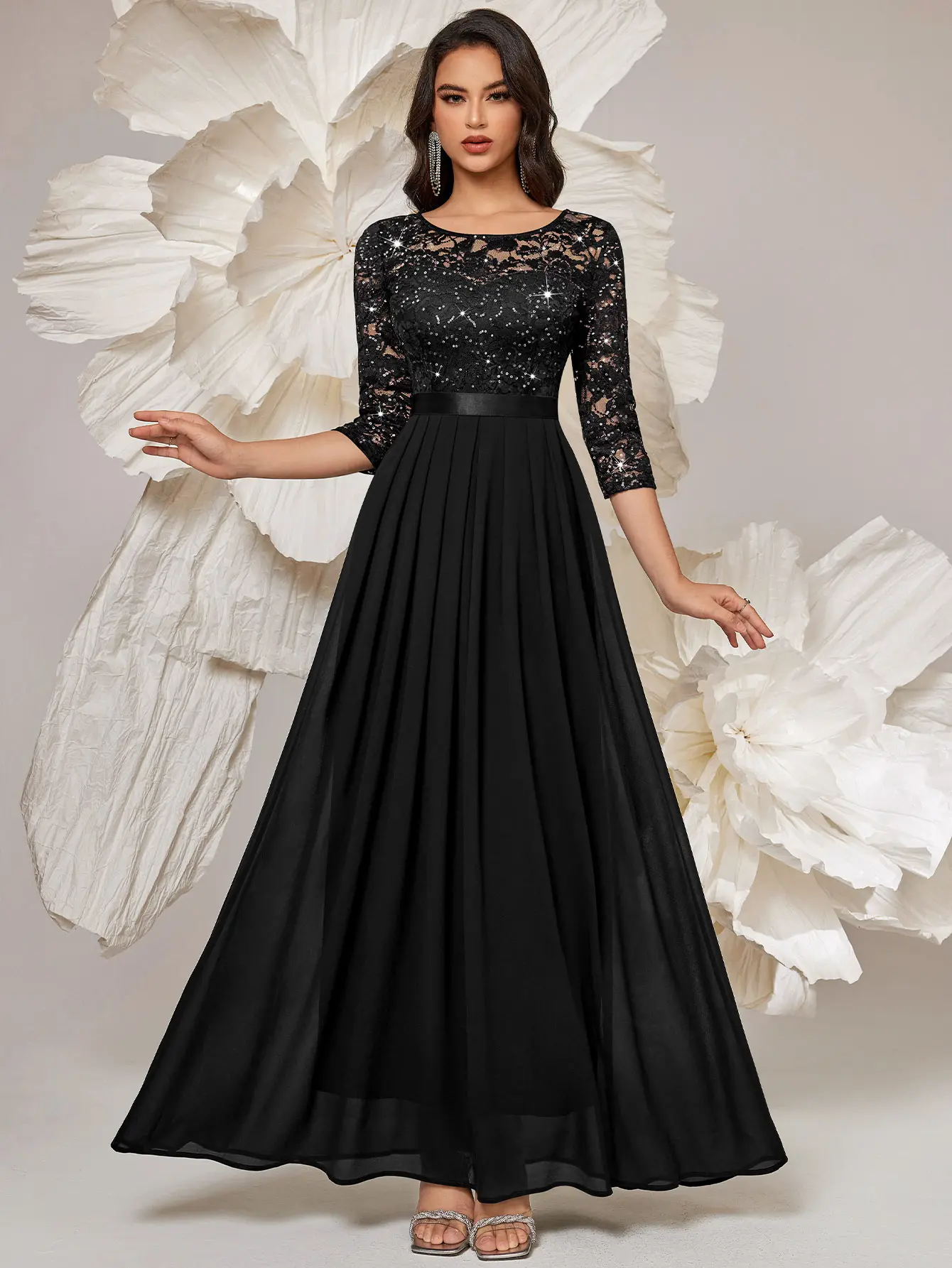 formal dresses 3 4 sleeve Sheath/Column V Neck 3/4 Sleeves Stand Collar Cocktail Dresses High-Low Ankle-Length Asymmetrical Wedding Guest Dresses Sage main image 0