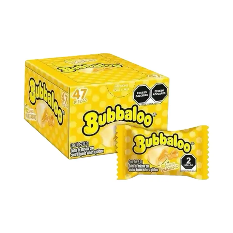 Bubbaloo Banana Chewing Bubble Gum with Liquid-Filled Center, Box of 47 Pieces Snack Flavor, Mexican Candy, Dulces Mexicanos Sweet Bite