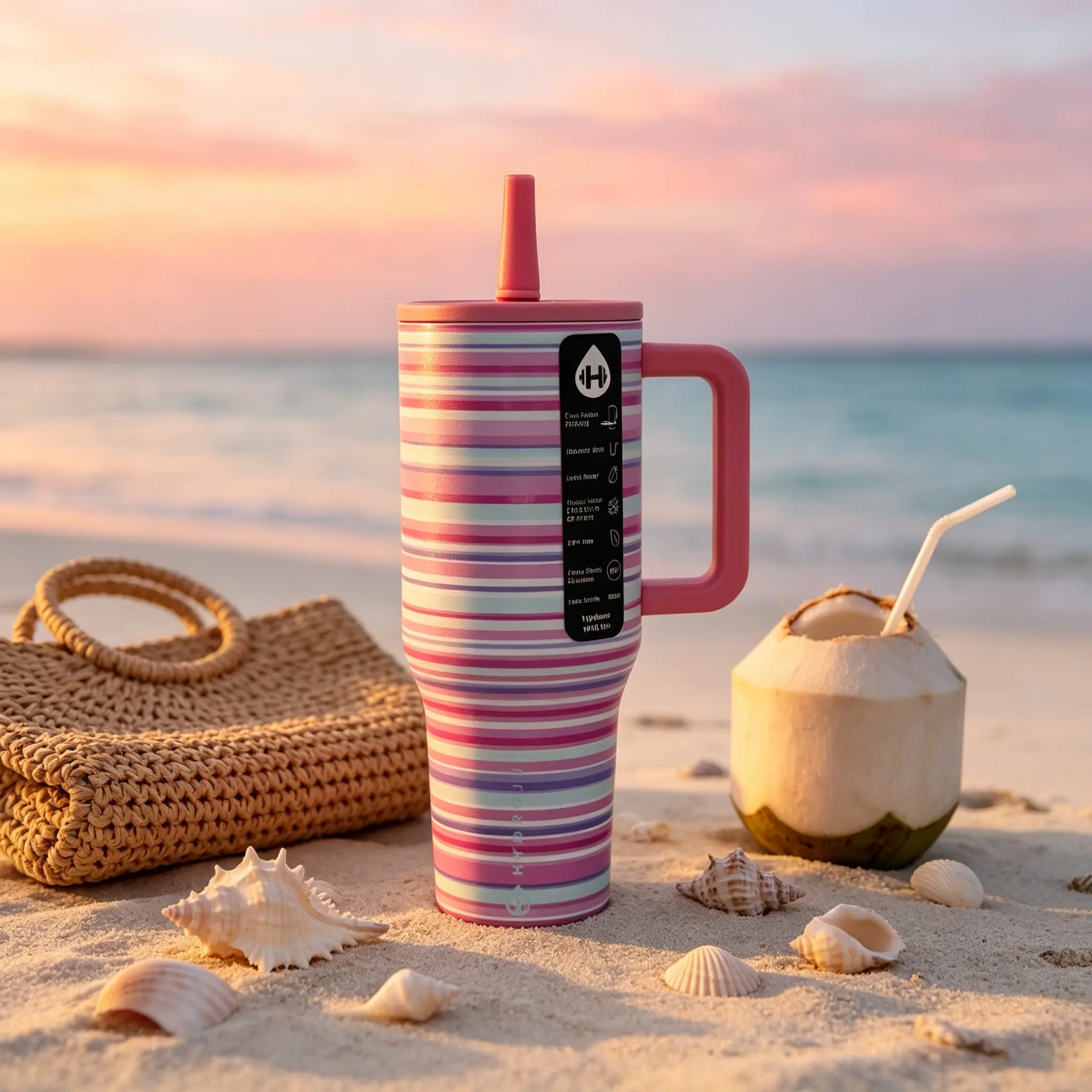 HydroJug 40oz Stainless Steel Insulated Travel Tumbler, Pastel Pink Purple Blue Striped Pattern,24 Hours Cold Retention, Cup Holder Friendly, BPA-Free Stainless Steel Iced Coffee, Gym, Road Trip, Camping & Daily Hydration