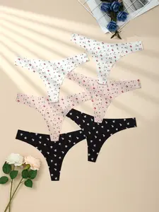 5 Pack Floral Print Elegant Style V Shape Sexy Women's Thongs, Floral Print Panty, Seamless Breathable Soft Comfortable Underwear, All Seasons Fitted Lingerie